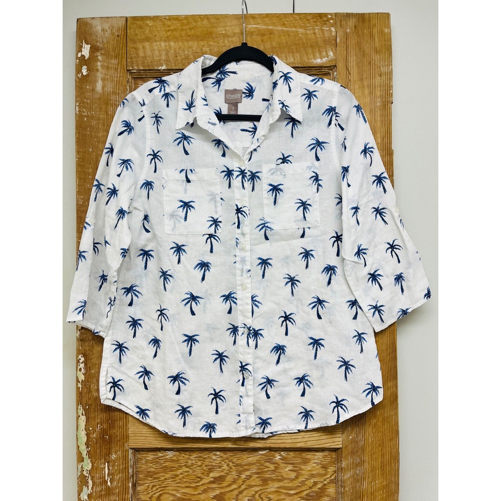 Chico's Button Down Shirt 1 M Palm Tree Linen Cotton Tropical Resort Nautical